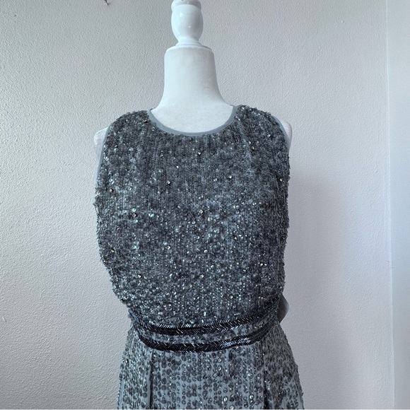 Mac Duggal 10509 Sleeveless High Neck Beaded Midi Sheath Dress NWT Platinum 10 - Picture 2 of 16